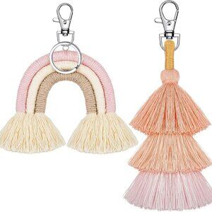 2 Pieces Boho Rainbow Keychains Pom Pom Tassel Macrame Keychains for Women